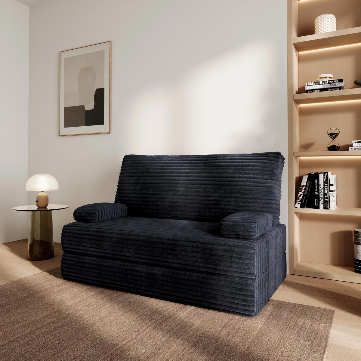 BETTSOFA LADIA aus Schaumstoff Kordstoff Schwarz Schlaffunktion - Schwarz, Textil (140/86/60cm) - MASSENO