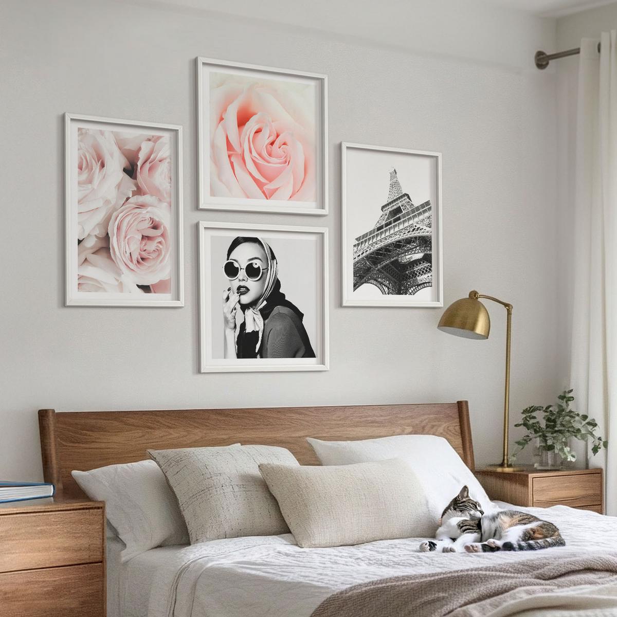 BILDER SET 4er Set - 50x50 cm & 40x60 cm Weißer Rahmen - Eiffels Porträt einer Frau mit Rosen - Weiß, Kunststoff (50/50cm) - TULUP