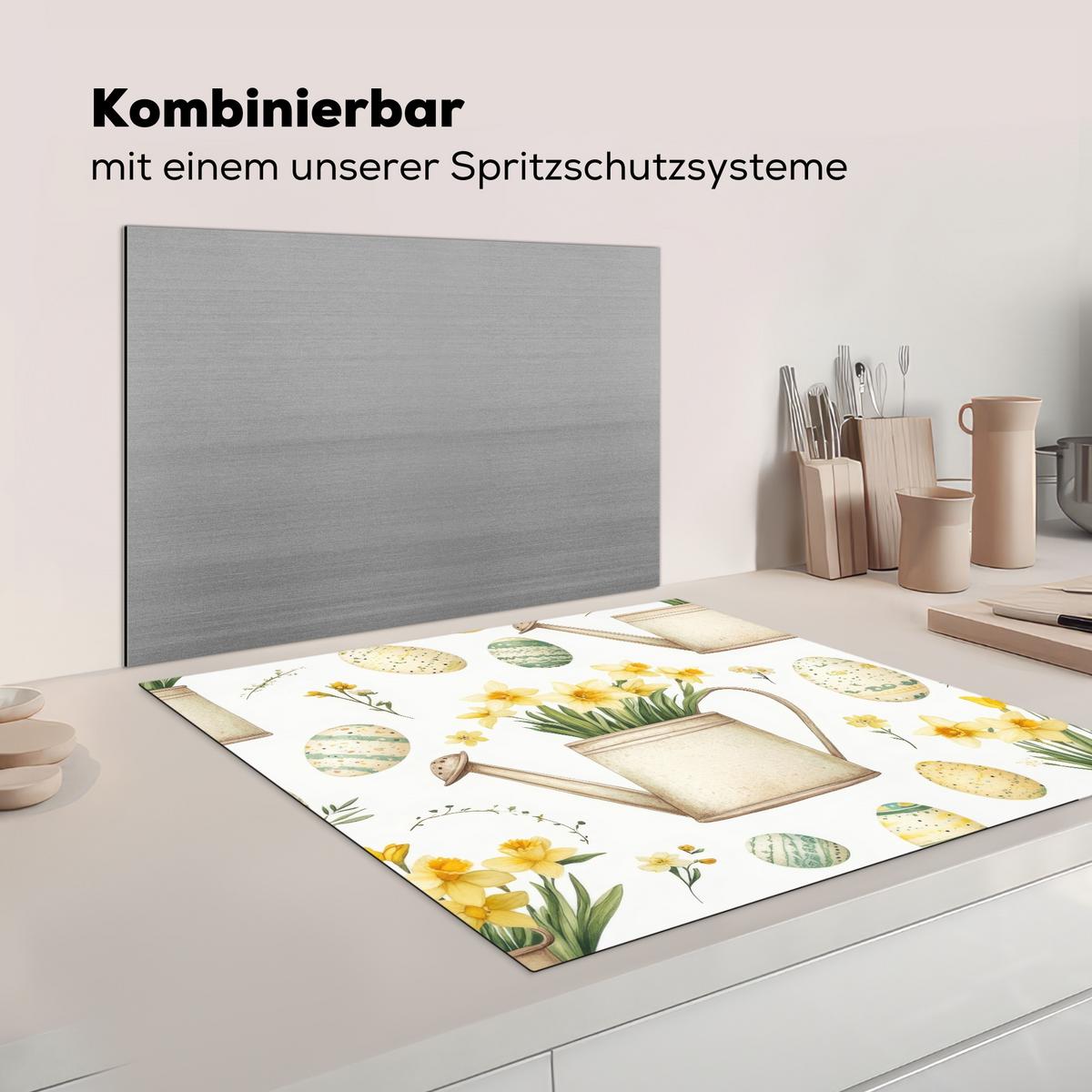 HERDABDECKPLATTE Gießkanne - Blumen - Eier Induktionsmatte 78x78 cm - Weiß, Kunststoff (78/78/0.2cm) - MuchoWow