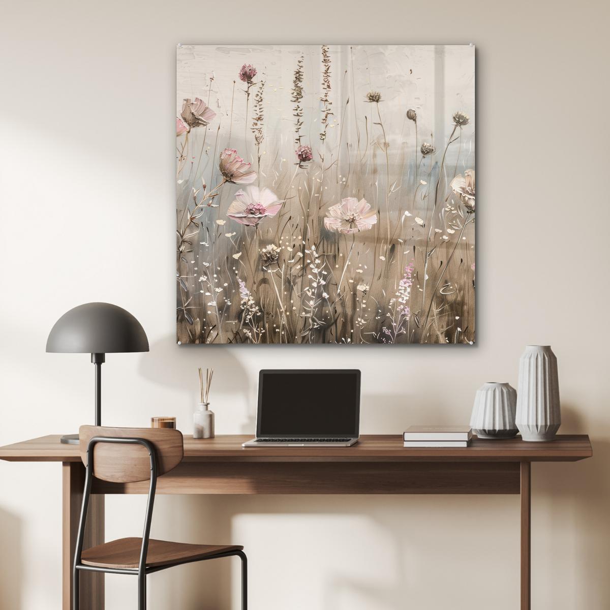 ACRYLGLASBILD Blumen - Rosa - Modern - Beige 90x90 cm - Beige, Glas (90/90cm) - MuchoWow