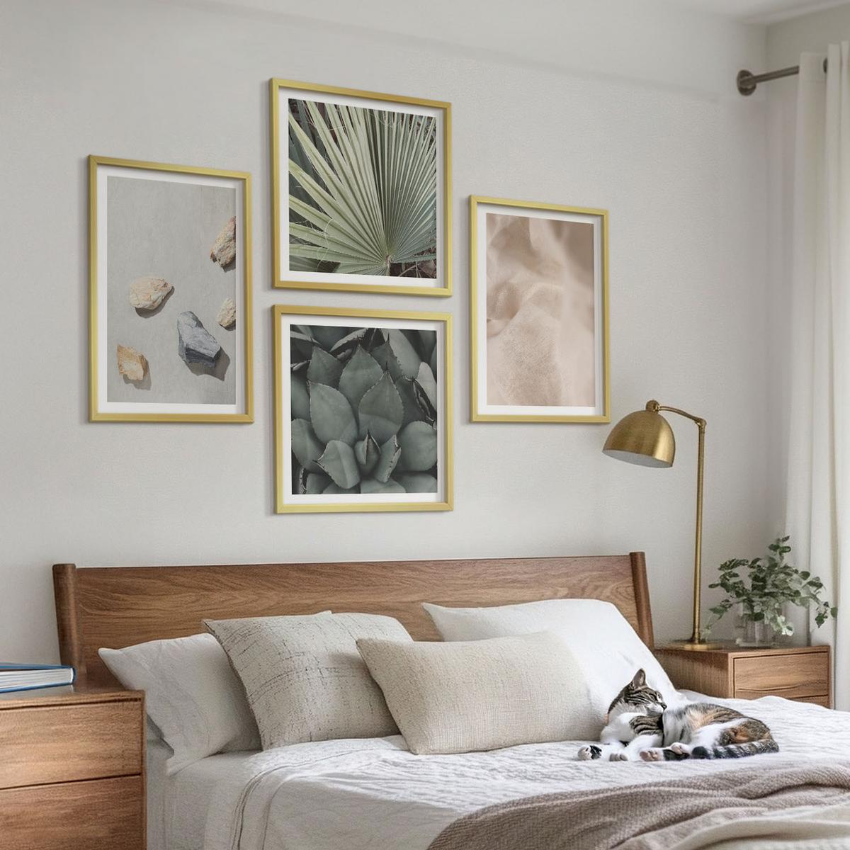 BILDER SET 4er Set - 50x50 cm & 40x60 cm Goldrahmen - Steine, Holz, Stofftexturen - Goldfarben, Kunststoff (50/50cm) - TULUP