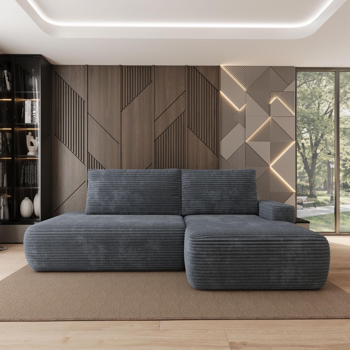 ECKSOFA AVINI T R-S Grau Kordstoff mit Schlaffunktion - Grau, Holzwerkstoff/Textil (277/160cm) - MASSENO