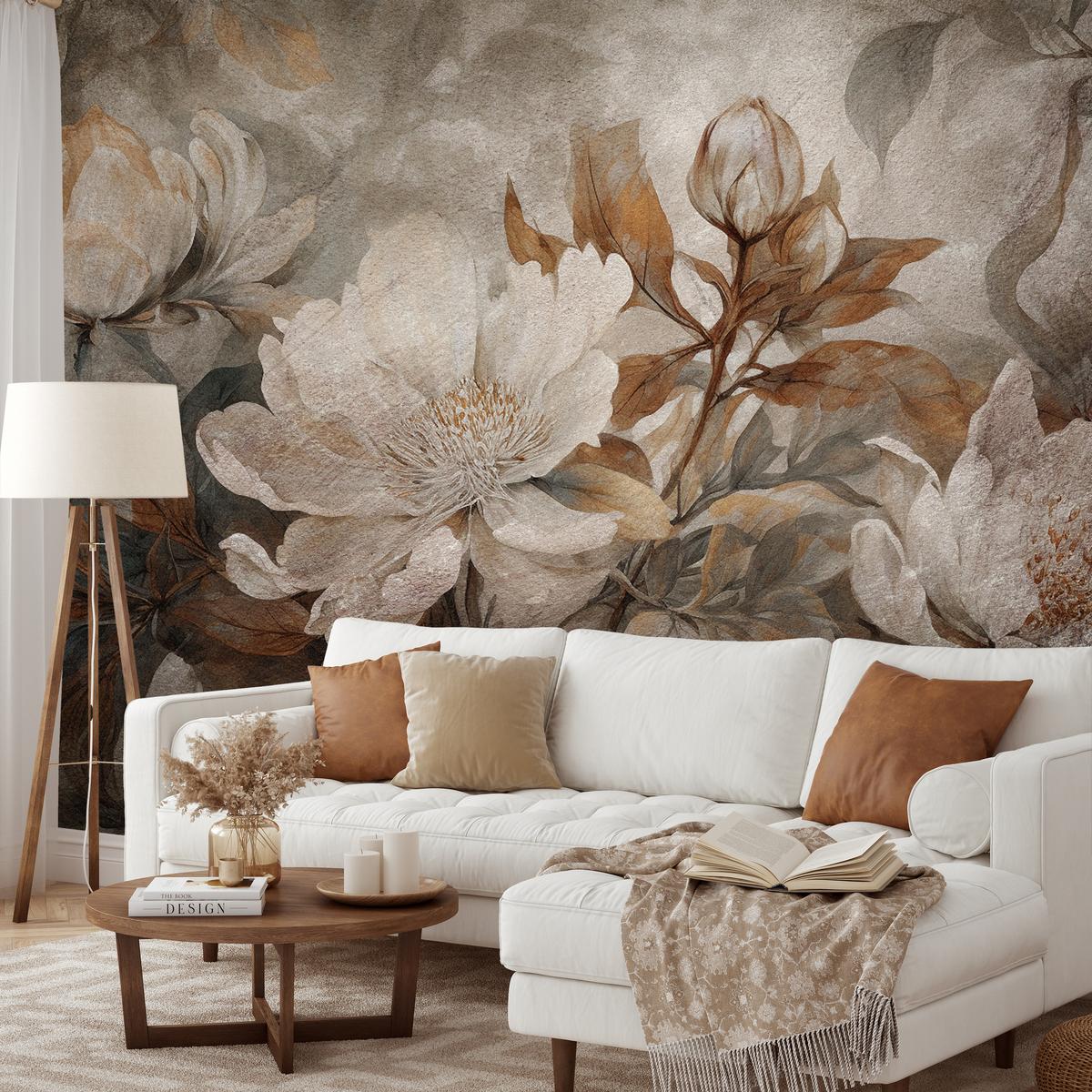 FOTOTAPETE für Wohnzimmer Blumen Blätter Pflanzen Natur Retro Stil 100x70 - Beige/Orange, Papier (100/70cm) - Muralo