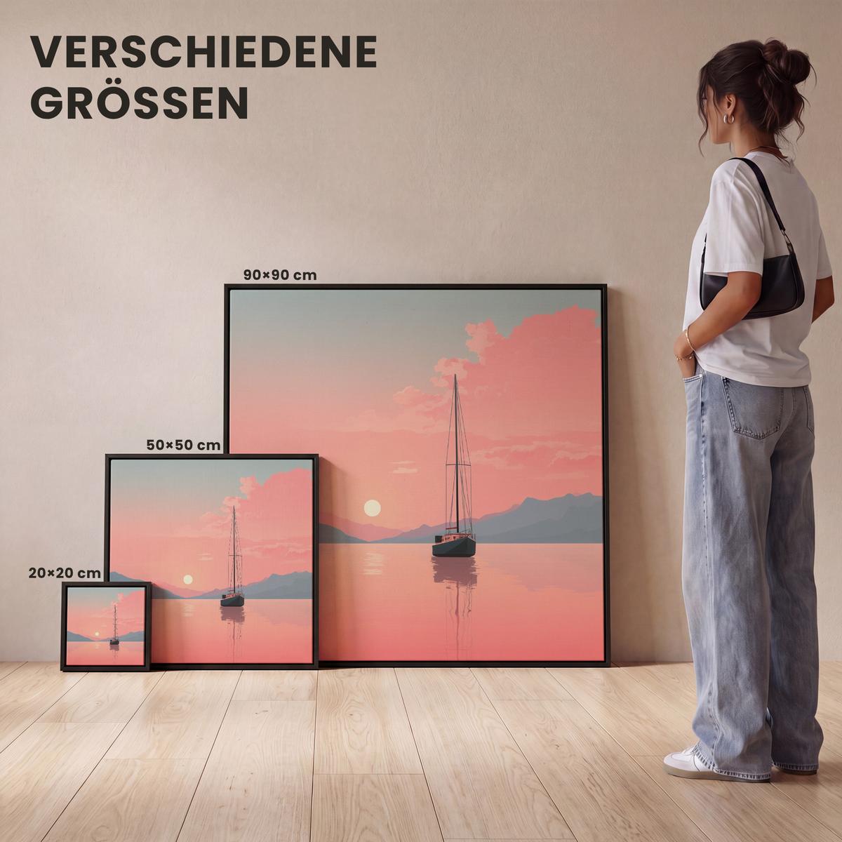 LEINWAND Bilder mit Rahmen - Segelboot - Rosa Meer - Sonnenuntergang - Berge - 20x20 - Rosa, Textil (20/20cm) - MuchoWow