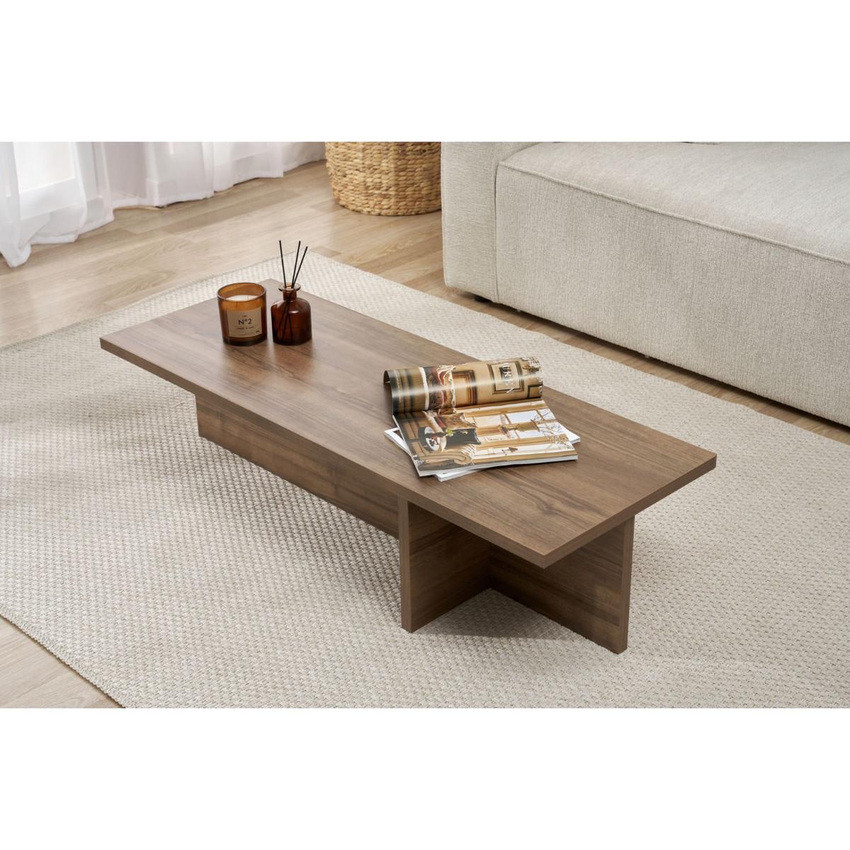 COUCHTISCH mit rechteckiger Platte und asymmetrischem Fuß L120 cm - HARBOR - Naturfarben, Holzwerkstoff (50/45/30cm) - Calicosy