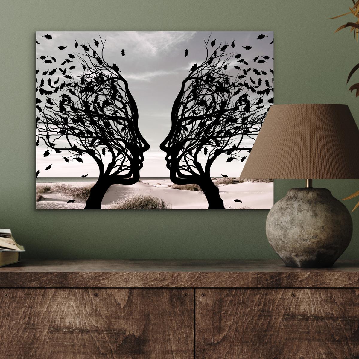 METALLBILD Strand - Meer - Menschen - Baum - Moderne Kunst 40x30 cm - Hellgrau, Metall (40/30cm) - MuchoWow