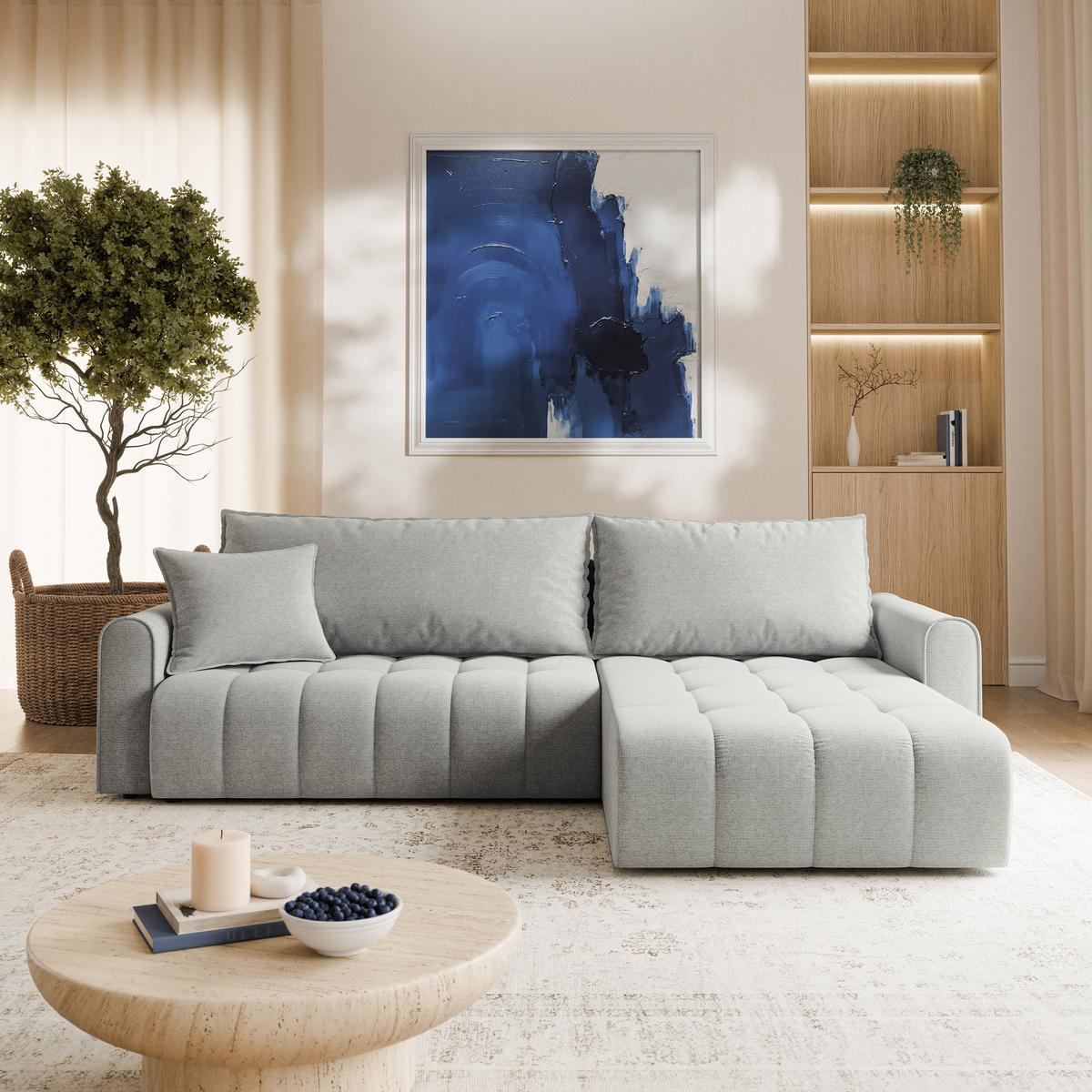 ECKSOFA FRIGA Hellgrau Strukturstoff mit Schlaffunktion - Hellgrau, Holz (283/185cm) - MASSENO