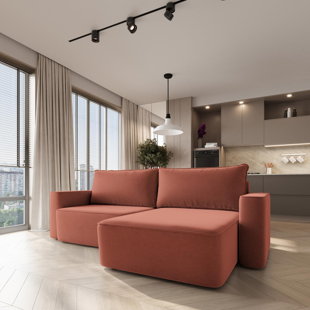ECKSOFA BELISE CL Koralle Veloursstoff mit Schlaffunktion - Koralle, Holz/Textil (252/162cm) - MASSENO