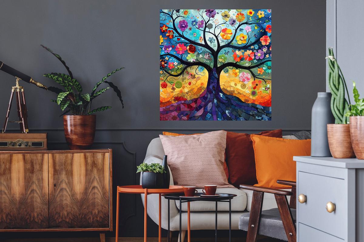 WANDTATTOO Kunst - Baum des Lebens - Blumen - Hippie Wanddeko 50x50 cm - Dunkelblau, Kunststoff (50/50/0.1cm) - MuchoWow