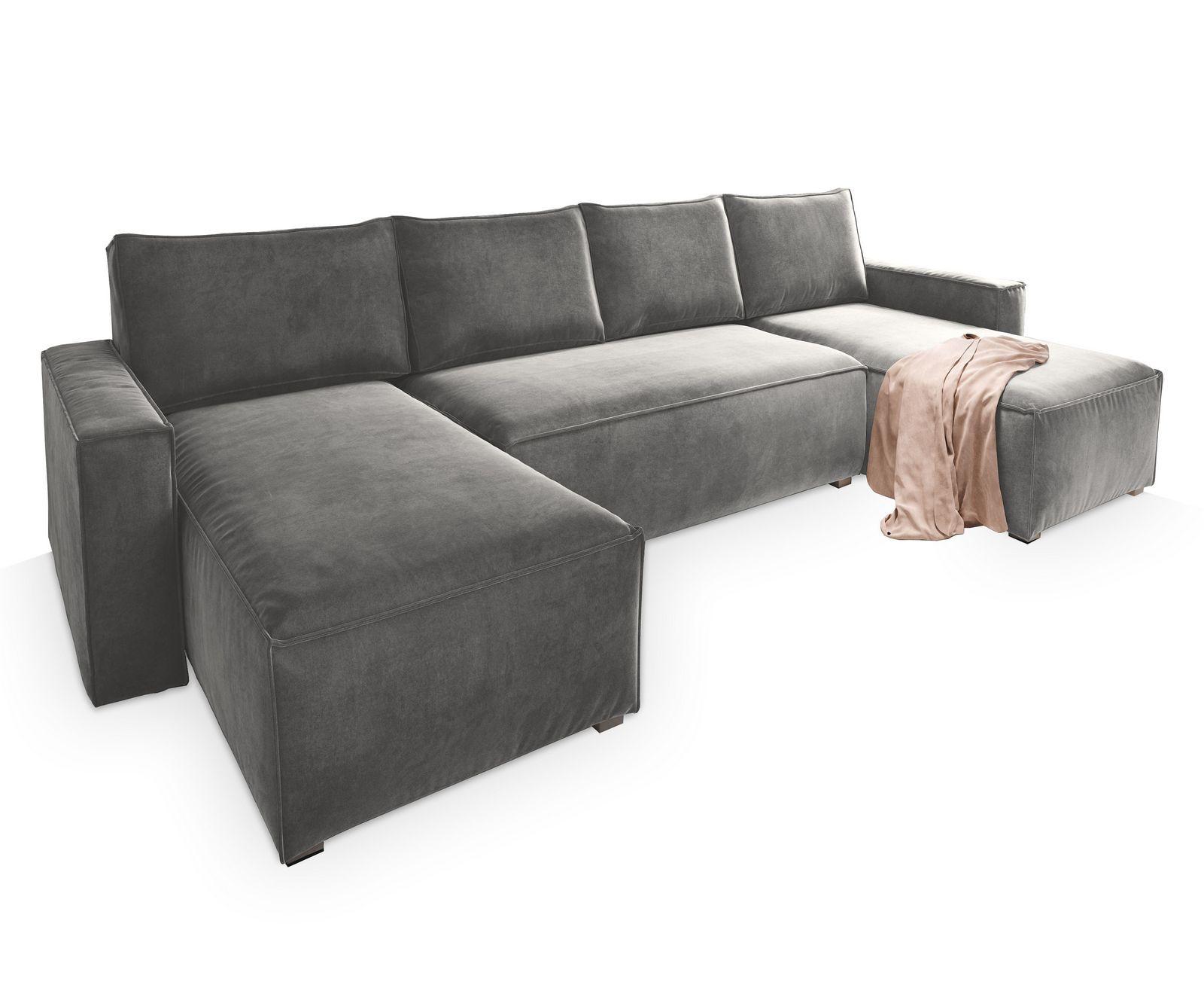 WOHNLANDSCHAFT DENI Hellgrau Velours-Stoff mit Schlaffunktion - Hellgrau/Grau, Holz/Kunststoff (295/85/140cm) - MASSENO