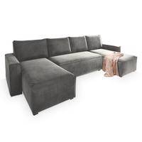WOHNLANDSCHAFT DENI Hellgrau Velours-Stoff mit Schlaffunktion - Hellgrau/Grau, Holz/Kunststoff (295/85/140cm) - MASSENO