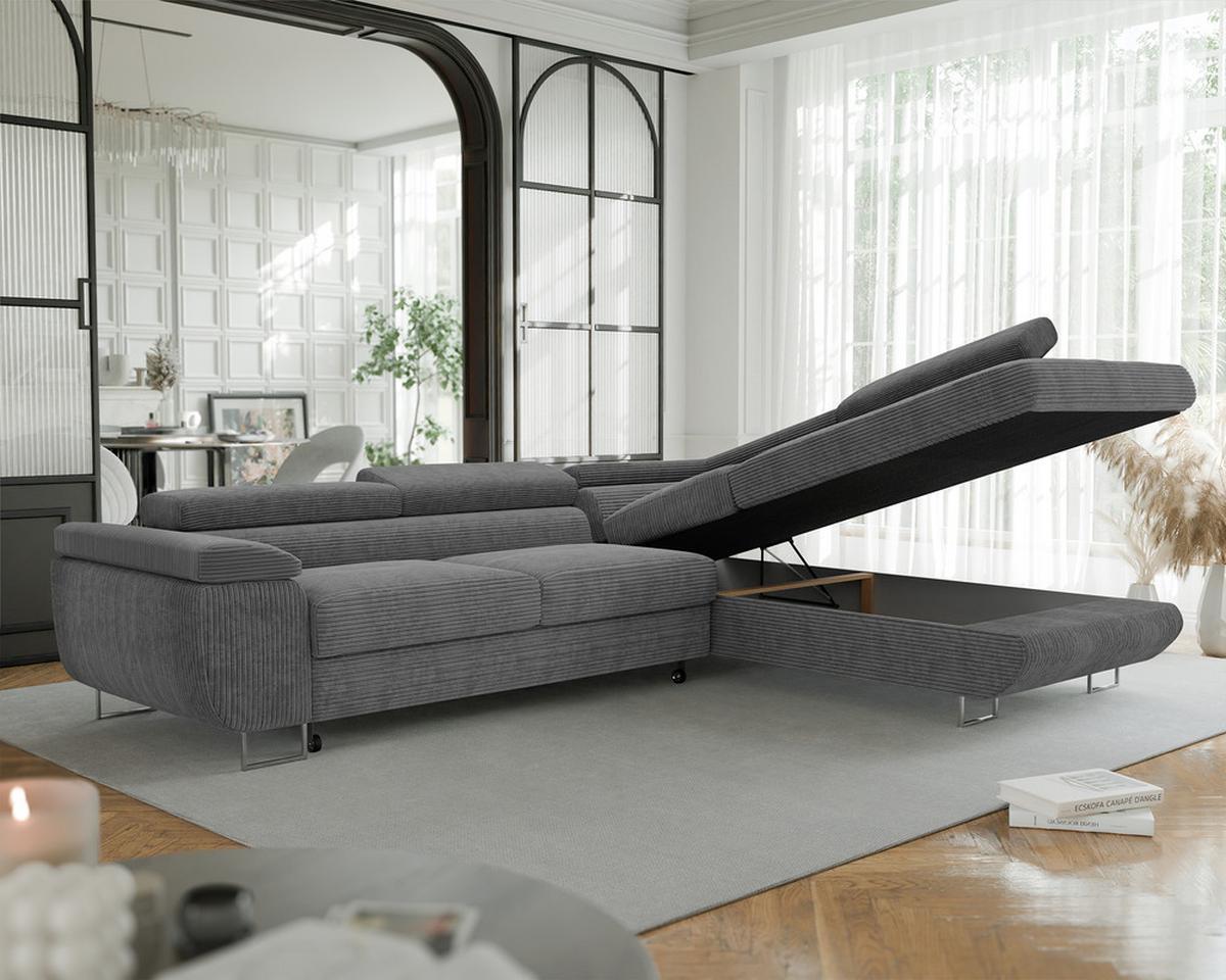 ECKSOFA ANTON rechts, mit Schlaffunktion und Bettkasten Grau - Chromfarben/Grau, Textil/Metall (274/203cm) - Idohome
