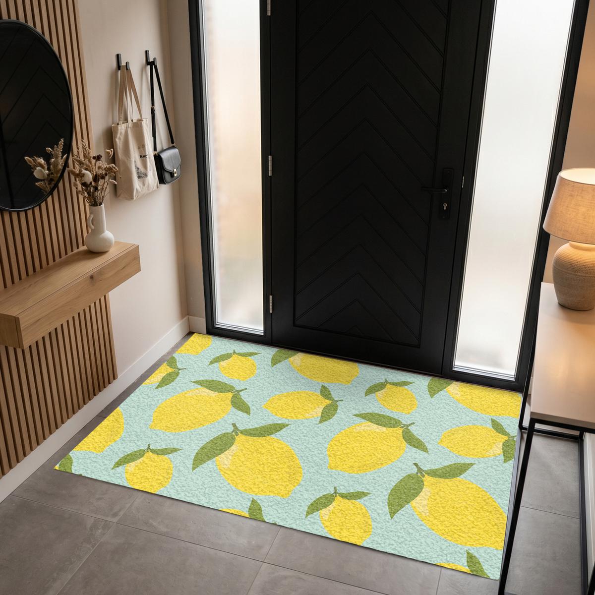 FUSSMATTE Muster Zitronen - Gelb - Blau - Muster - Früchte Flurteppich 180x120 cm - Gelb, Kunststoff (180/0.4cm) - MuchoWow