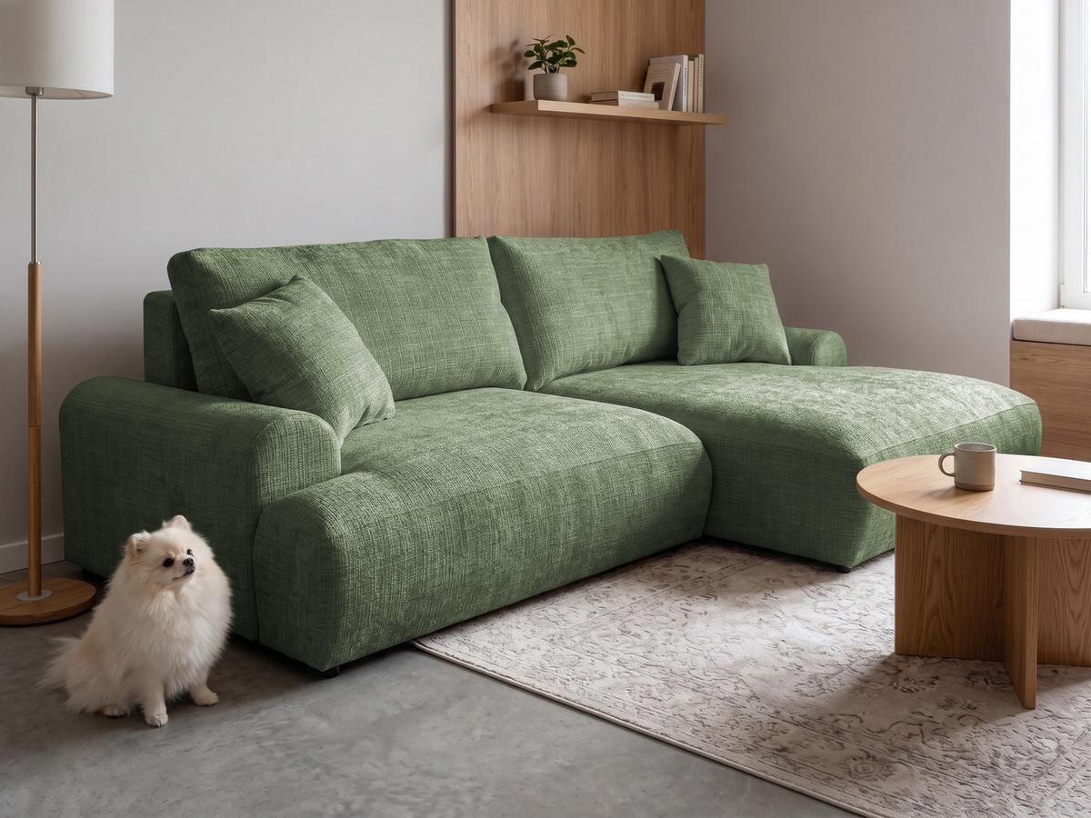 ECKSOFA Melvano mit Schlaffunktion und Bettkasten im Japandi-Stil aus weichem Grün Chenille-Stoff - Schwarz/Grün, Holz/Kunststoff (240/145cm) - S-Style