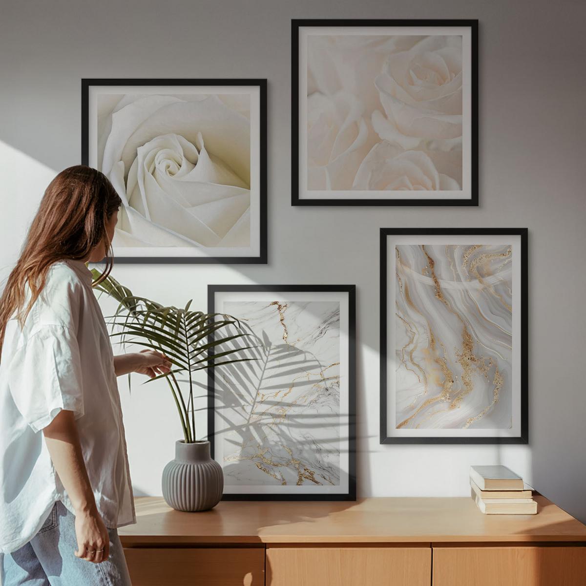 BILDER SET 4er Set - 50x50 cm & 40x60 cm Schwarzer Rahmen - Elegante Marmormuster - Schwarz, Kunststoff (50/50cm) - TULUP