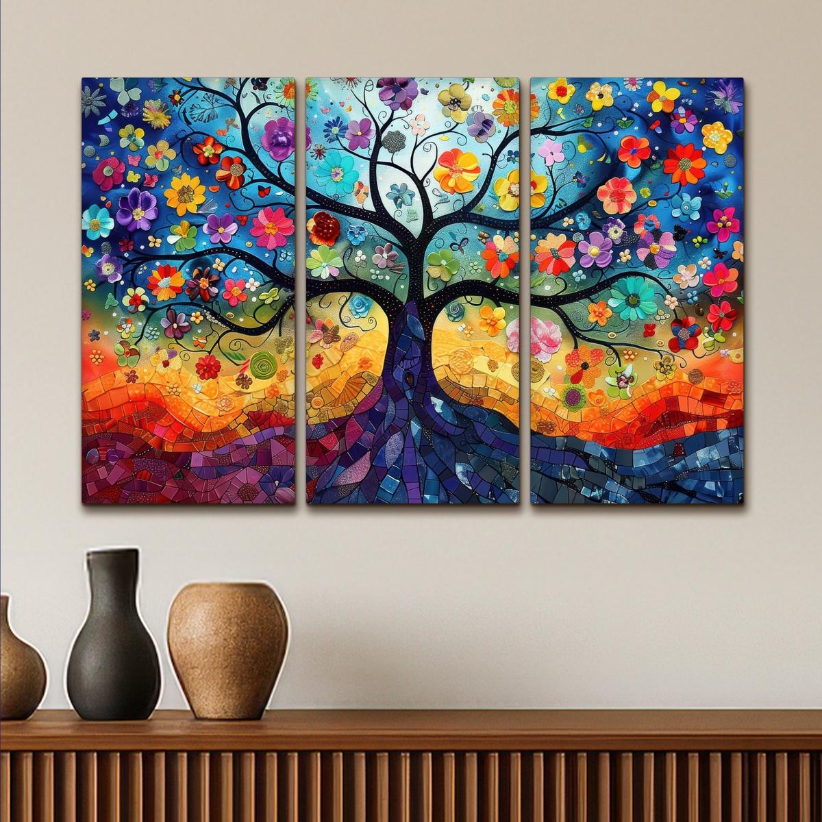 LEINWANDBILD 3er Set Bunt - Baum des Lebens - Blumen - Abstrakt 90x60 cm - Blau, Textil (90/60cm) - MuchoWow