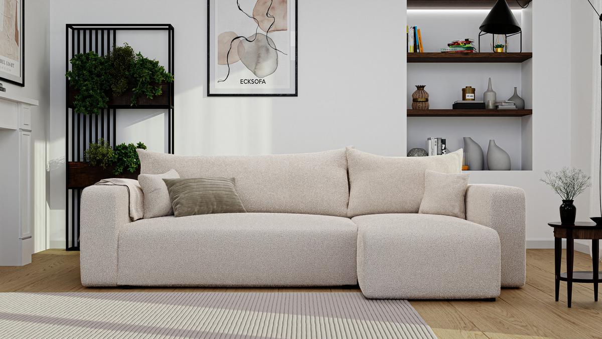 ECKSOFA Creme in Bouclé, Teddystoff mit Bettkasten - Creme, Textil (248/145cm) - Idohome