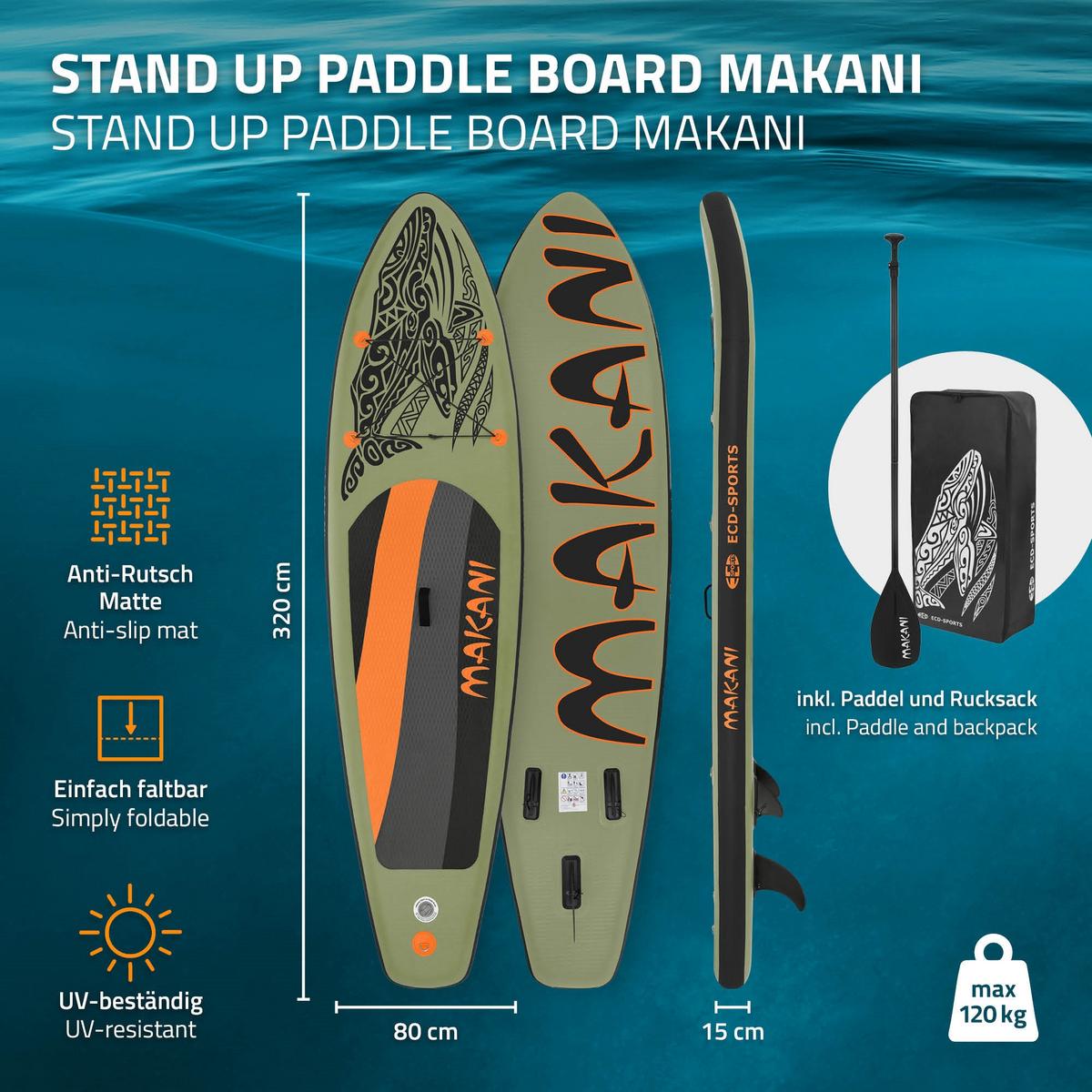 STAND UP PADDLE BOARD Makani Olive - Olivgrün, Kunststoff (320/80/15cm) - ECD-Germany