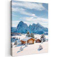 LEINWANDBILD Winter - Hütte - Berge - Aussicht - Schnee Wandbild Wohnzimmer 60x80 cm - Eichefarben, Textil (60/80cm) - MuchoWow