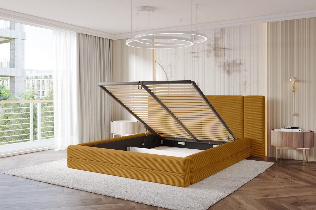 POLSTERBETT mit Bettkasten und Lattenrost, Bett mit Matratze H3/H4 - TEVO 140x200 Senfgelb - Gelb, Holzwerkstoff/Textil (140/200cm) - ALTDECOR