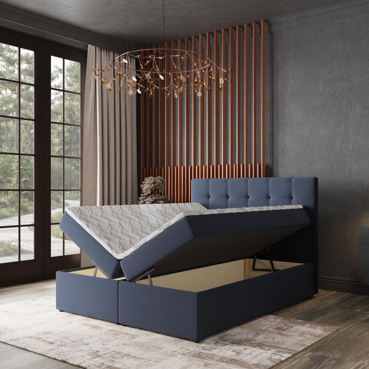 BOXBETT PALMA 180x200 cm mit Matratze und Topper, H2+H3 - Blau - Blau, Holz (180/200cm) - MASSENO