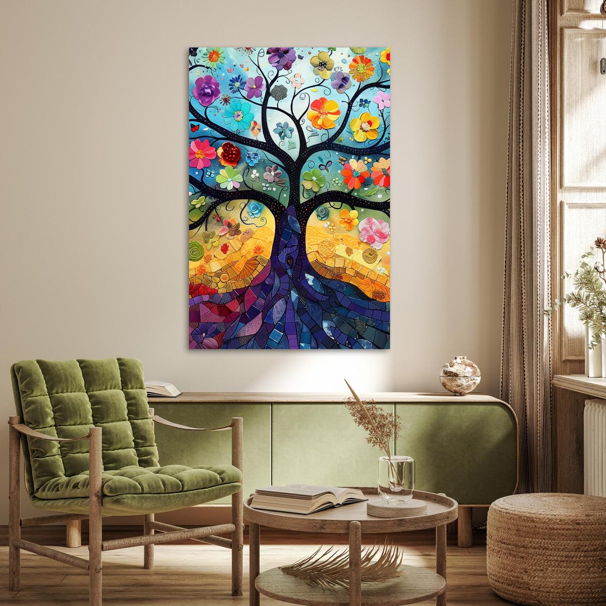 POSTER Kunst - Baum des Lebens - Blumen - Hippie Wandbild Schlafzimmer 80x120 cm - Dunkelblau, Papier (80/120/0.1cm) - MuchoWow
