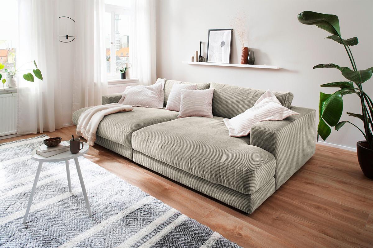 BIG SOFA XL MIT TABLETT MADELINE Steingrau Cord - Greige/Schwarz, Kunststoff/Textil (290/85/190cm) - KAWOLA