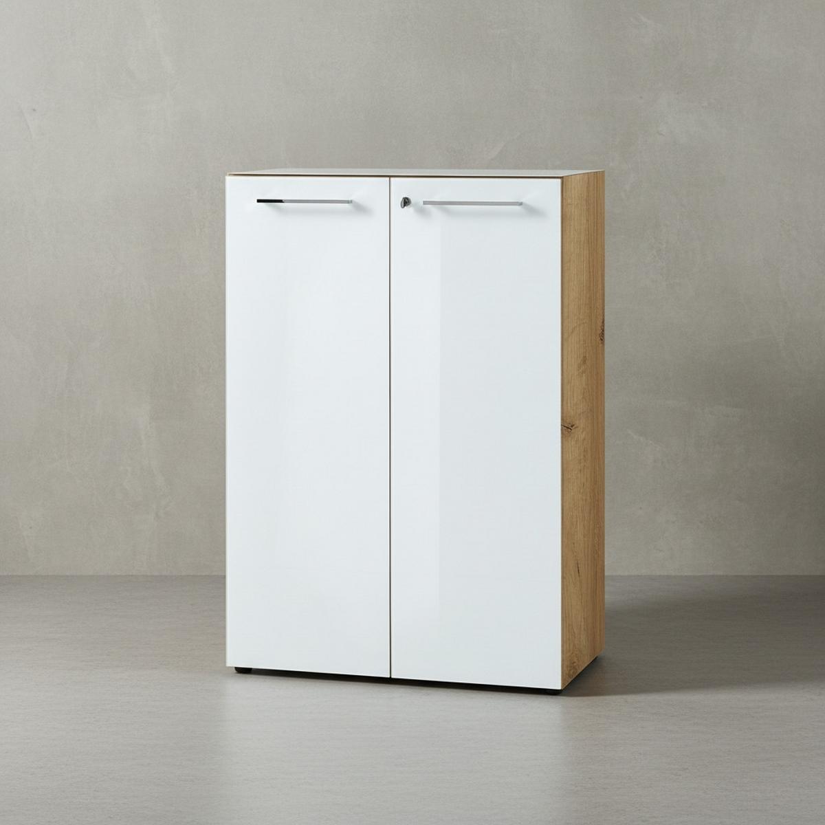 BÜRO-SET MUENCHEN 5-teilig | Glasfront Abschließbar | Schreibtisch, Container, 2 Schränke, Regal | Chalet-Eiche-Nb./Weiß - Weiß/Braun, Holzwerkstoff/Metall (415/120/80cm) - KADIMA DESIGN