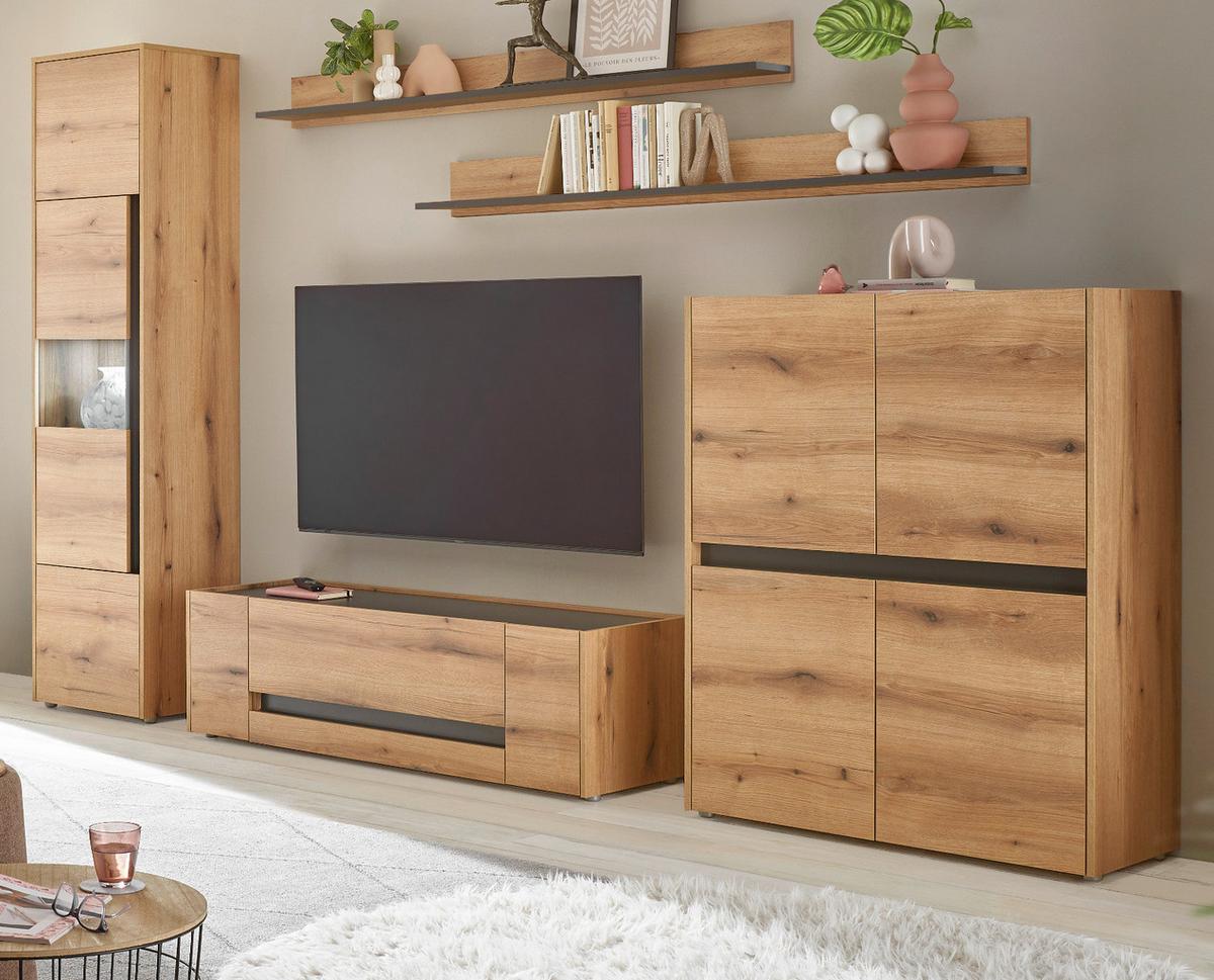WOHNWAND Evoke Eiche, grau, Schrankwand Set 5-teilig Breite 350 cm - Eichefarben/Grau, Glas/Holz (350/197/45cm) - Furn.Design