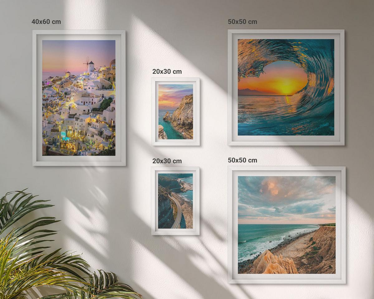BILDER SET 5er Set - 50x50 cm & 20x30 cm & 40x60 cm Weißer Rahmen - Meereswellen, weiße Häuser, Santorini - Weiß, Kunststoff (40/60cm) - TULUP