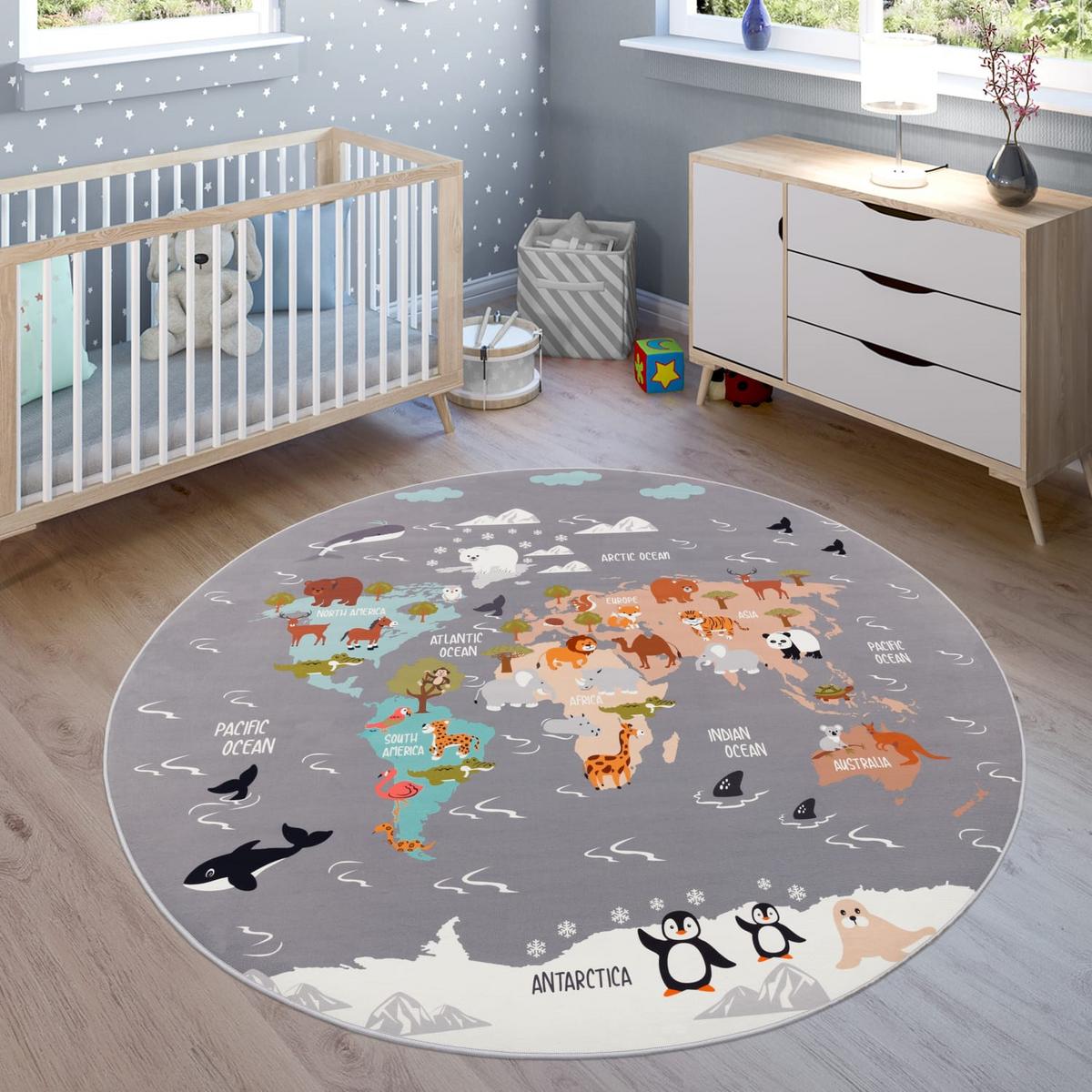 KINDERTEPPICH Waschbar, mit Tier‑Weltkarten‑Muster, Grau, Ø 160 cm - Grau, Textil (160/160cm) - KADIMA DESIGN