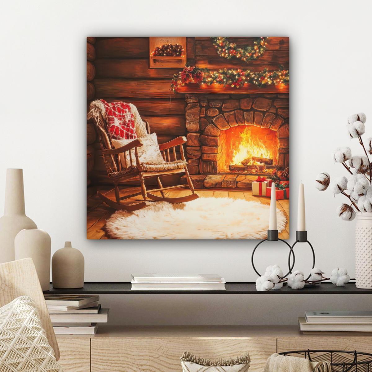 LEINWANDBILD Winter - Weihnachten - Zuhause - Kamin Wandbild Wohnzimmer 50x50 cm - Bernsteinfarben, Textil (50/50cm) - MuchoWow