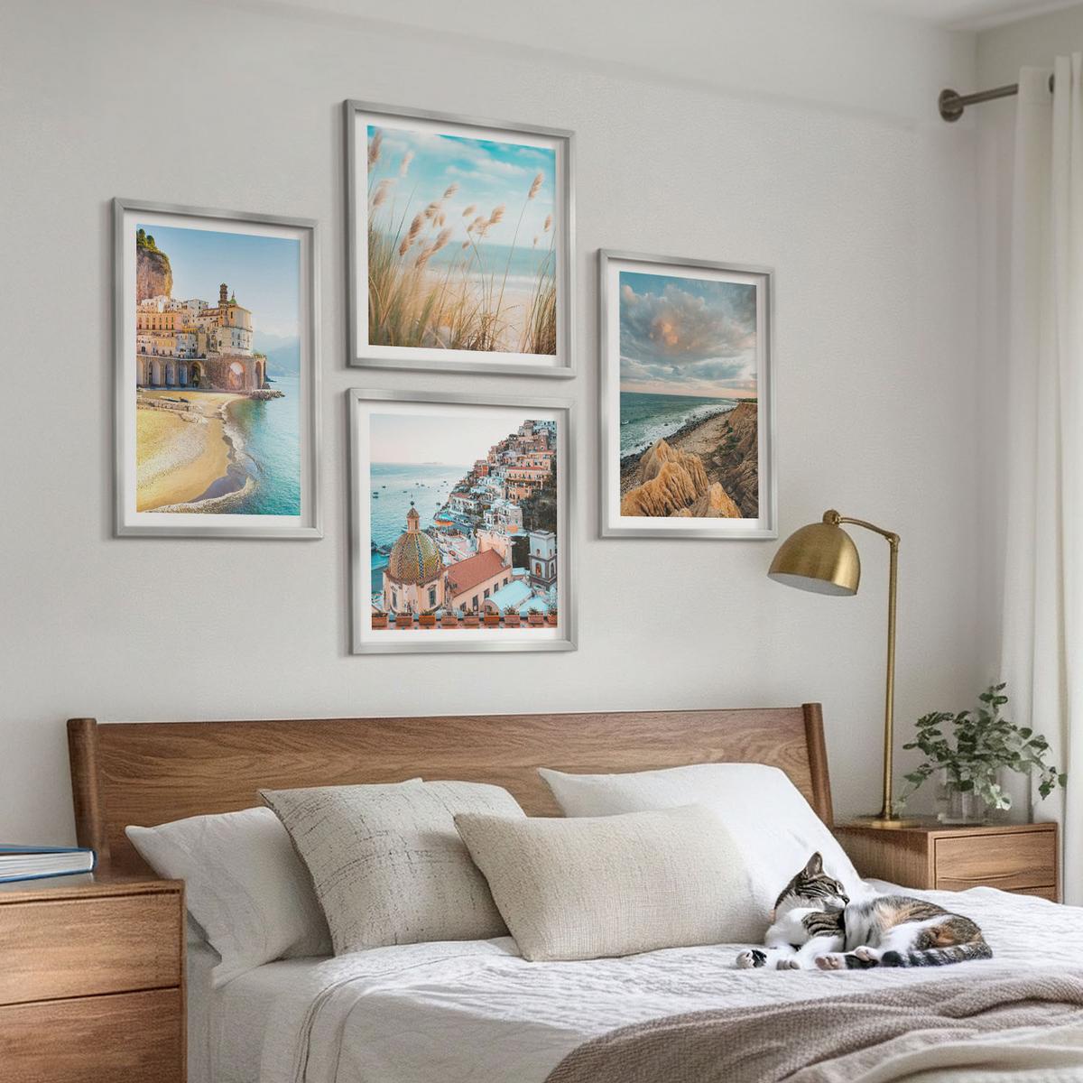 BILDER SET 4er Set - 50x50 cm & 40x60 cm Silberner Rahmen - Landschaften Strand Stadt Klippen - Silberfarben, Kunststoff (50/50cm) - TULUP