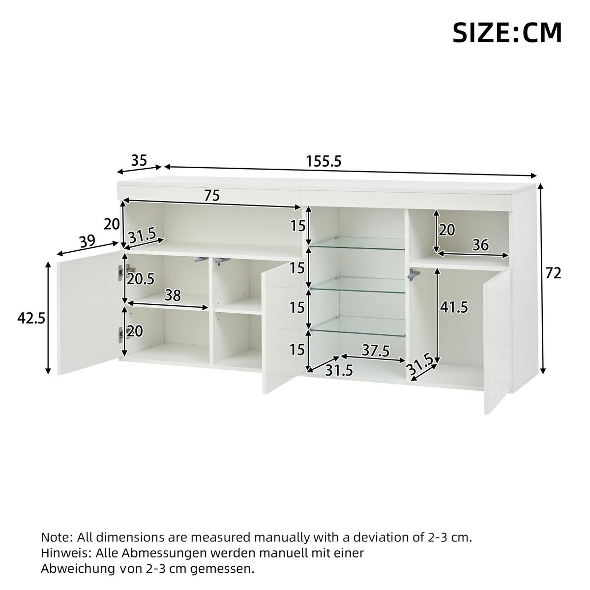 SIDEBOARD in Weiß Hochglanz mit App-gesteuerter LED - Weiß, Holzwerkstoff (155/72/35cm) - Urban Meuble