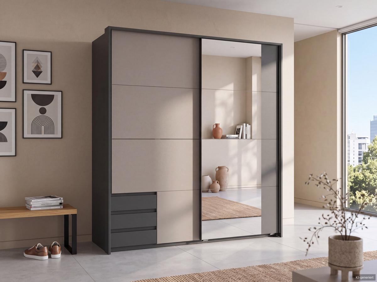 SCHWEBETÜRENSCHRANK 2-türig B183/H200/T65 cm, Passepartout-Kleiderschrank mit Spiegel & sichtbaren Schubkästen in Grafit, 1x Tür in Sandgrau / 22715 - Sandfarben/Graphitfarben, Holz/Holzwerkstoff (183/200/65cm) - luma-home