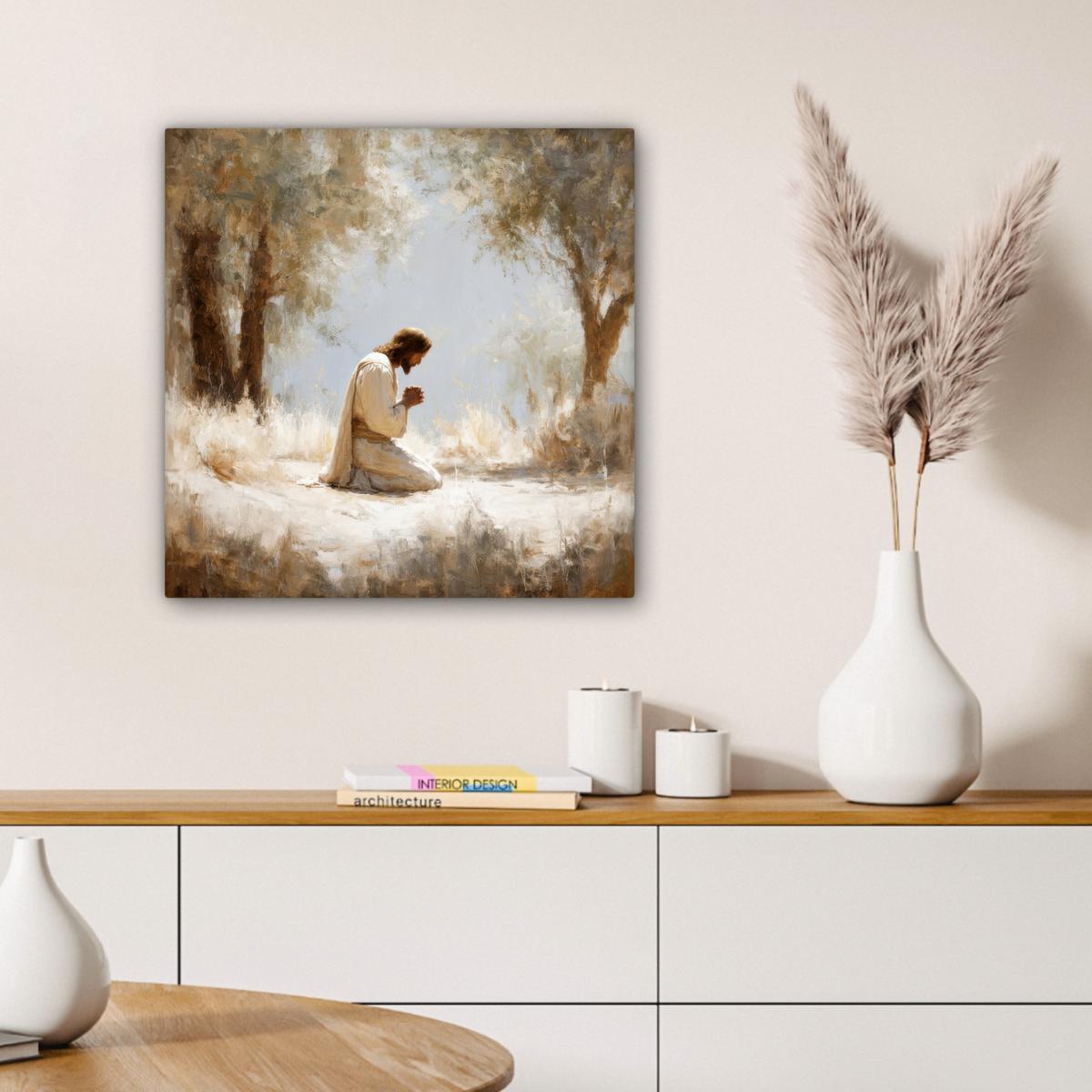 LEINWANDBILD Jesus - Kniend - Waldlandschaft - Betend Wandbild Wohnzimmer 50x50 cm - Beige/Hellblau, Textil (50/50cm) - MuchoWow