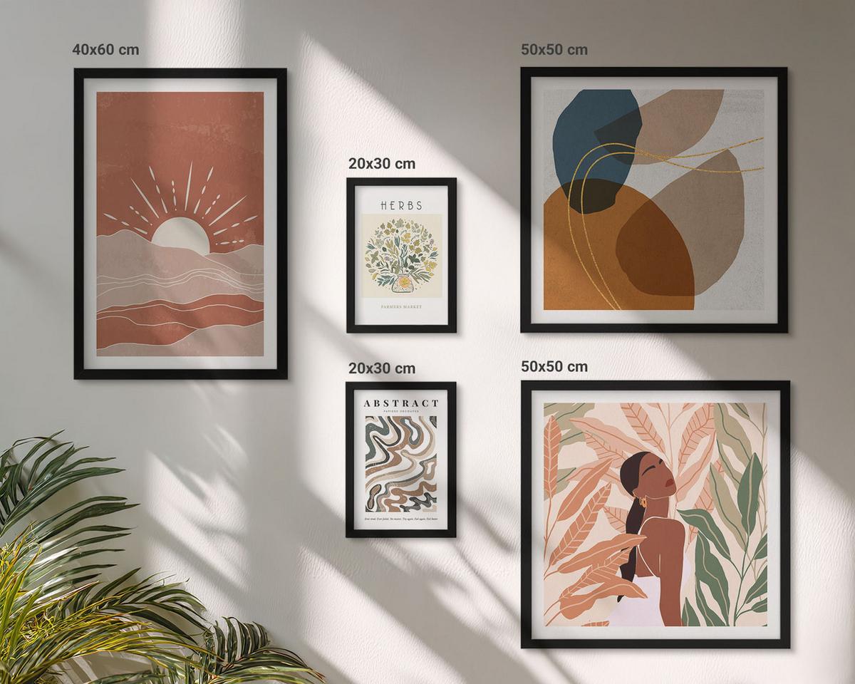 BILDER SET 5er Set - 50x50 cm & 20x30 cm & 40x60 cm Schwarzer Rahmen - Boho-Ästhetik, Pastellposter - Schwarz, Kunststoff (40/60cm) - TULUP