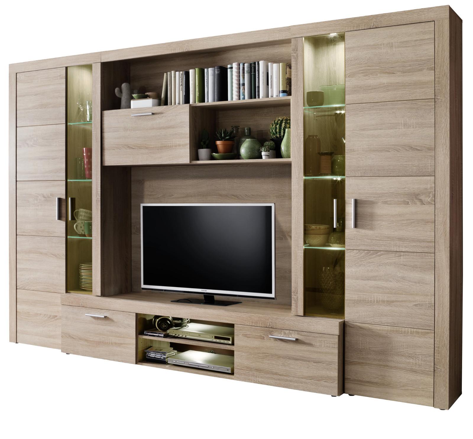 WOHNWAND Sonoma Eiche hell 291 cm, Schrankwand inklusive Beleuchtung - Eichefarben/Silberfarben, Glas/Holzwerkstoff (291/197/41cm) - Top.Furn