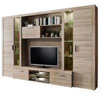 WOHNWAND Sonoma Eiche hell 291 cm, Schrankwand inklusive Beleuchtung - Eichefarben/Silberfarben, Glas/Holzwerkstoff (291/197/41cm) - Top.Furn