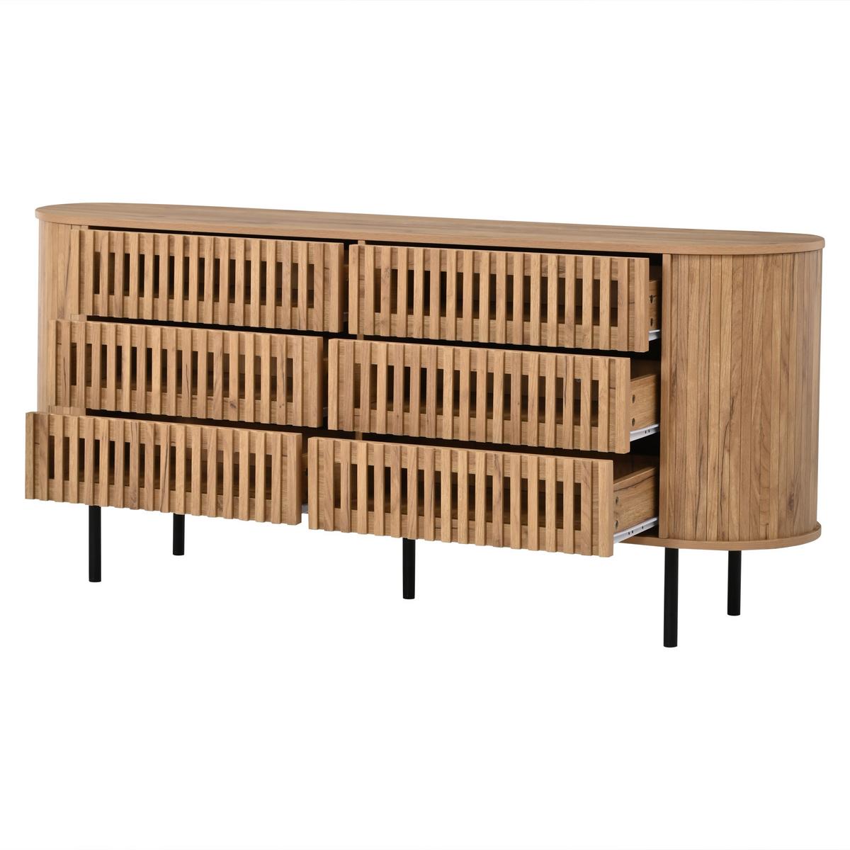 SIDEBOARD 160cm Lamellen-Design 6 Schubladen Metallfüße Kommode - Naturfarben, Holzwerkstoff (160/70/40cm) - Urban Meuble