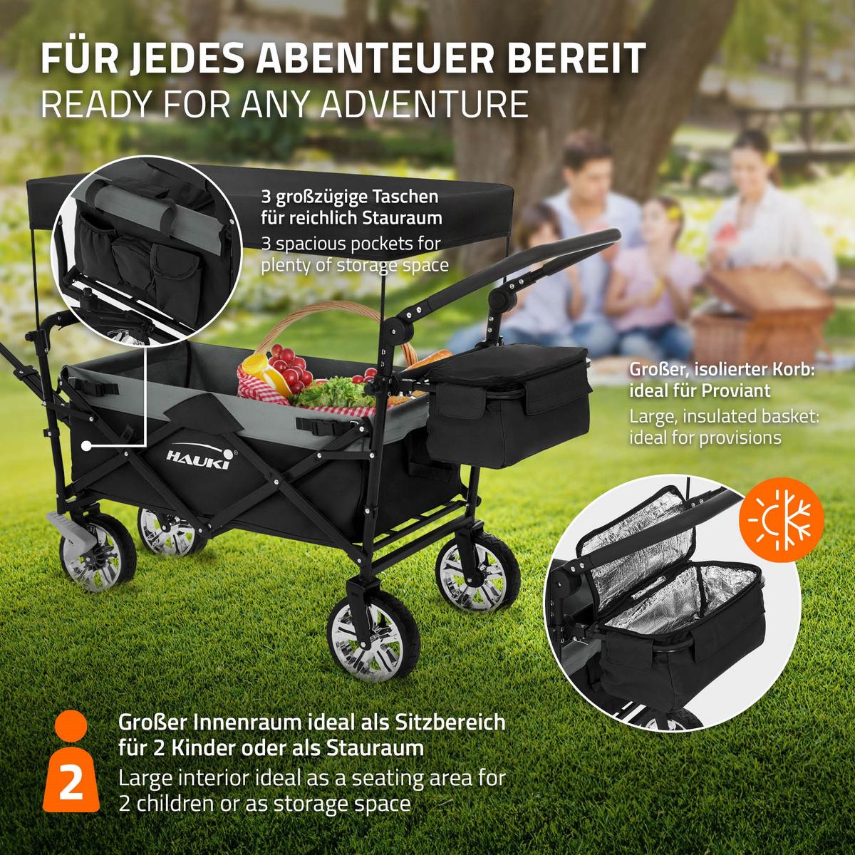 BOLLERWAGEN faltbar mit Dach XXL Schwarz-Grau Handwagen für Kinder Strand Picknick - Schwarz, Metall (56/99/196cm) - Hauki
