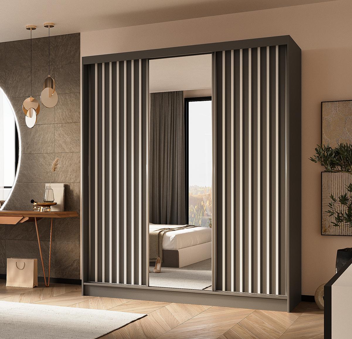 SCHWEBETÜRENSCHRANK Cabinio Grau Weiß 180/216/61 cm – mit Spiegel und Lamellen - Weiß/Grau, Holzwerkstoff/Kunststoff (180/216/61cm) - AX Living