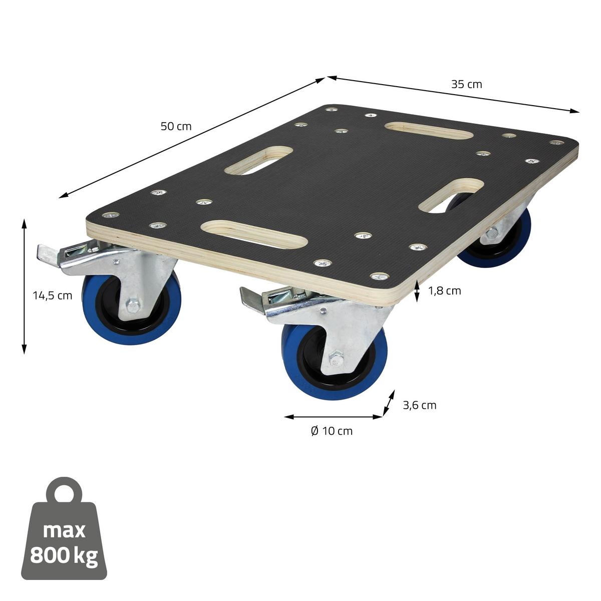TRANSPORTROLLER 2er Set mit 4 Rollen 2 mit Bremsen 35x50 cm Traglast 800kg Siebdruck Holzplatte Black - Dunkelgrau, Holzwerkstoff (50/35/14.5cm) - ECD-Germany