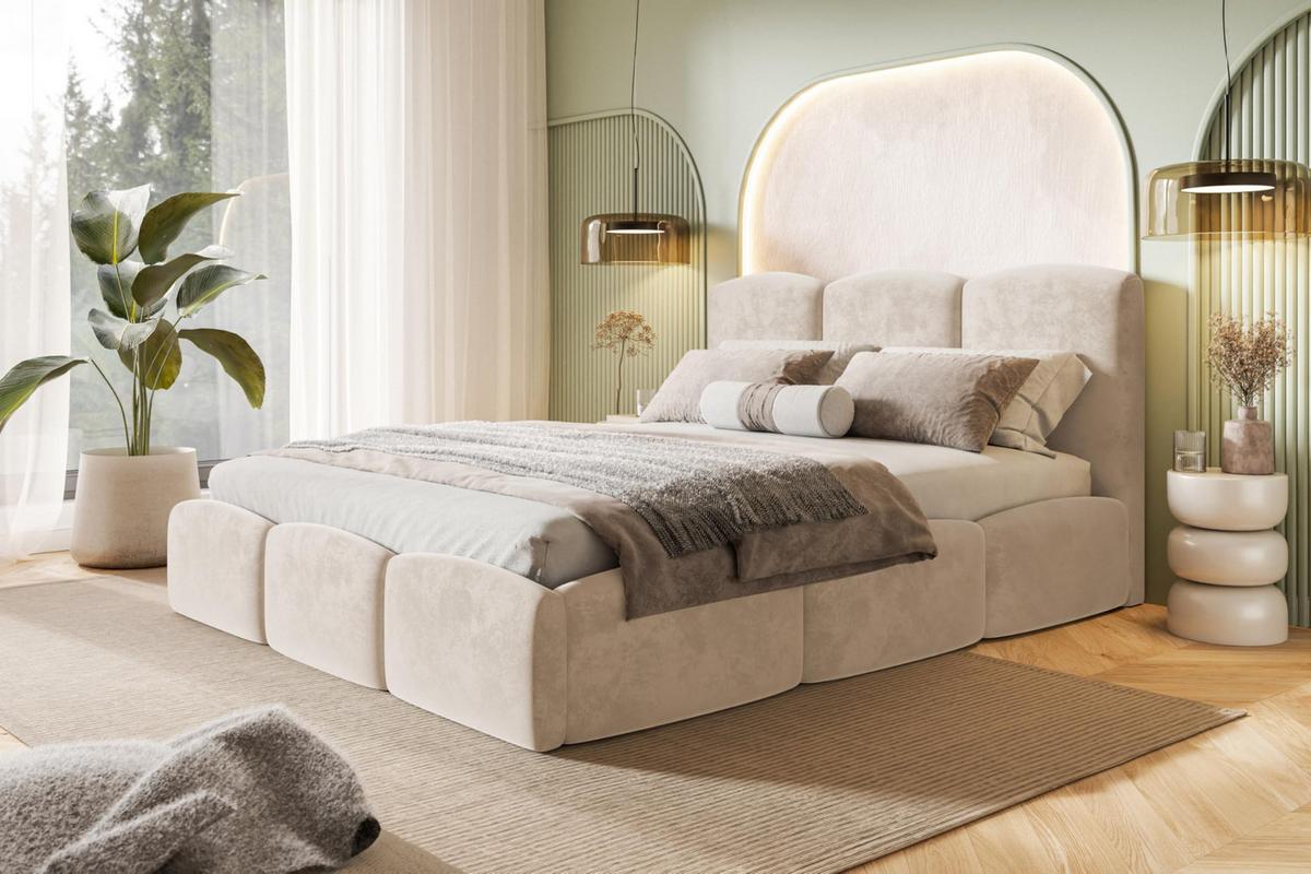 BETT 90x200 - Polsterbett mit Bettkasten und Metallrahmen - Modern Betten - Weicher Jasminstoff - Kollektion Zoya - Beige - Beige, Holz/Textil (90/200cm) - Alpi-Möbel