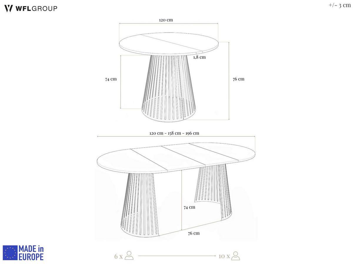 ESSTISCH Naro rund ausziehbar mit Goldenem Lamellen-Metallgestell, Beige Kaschmir 120-200/120/76 cm - Kaschmir/Beige, Holzwerkstoff/Metall (120/196/76cm) - WFL GROUP