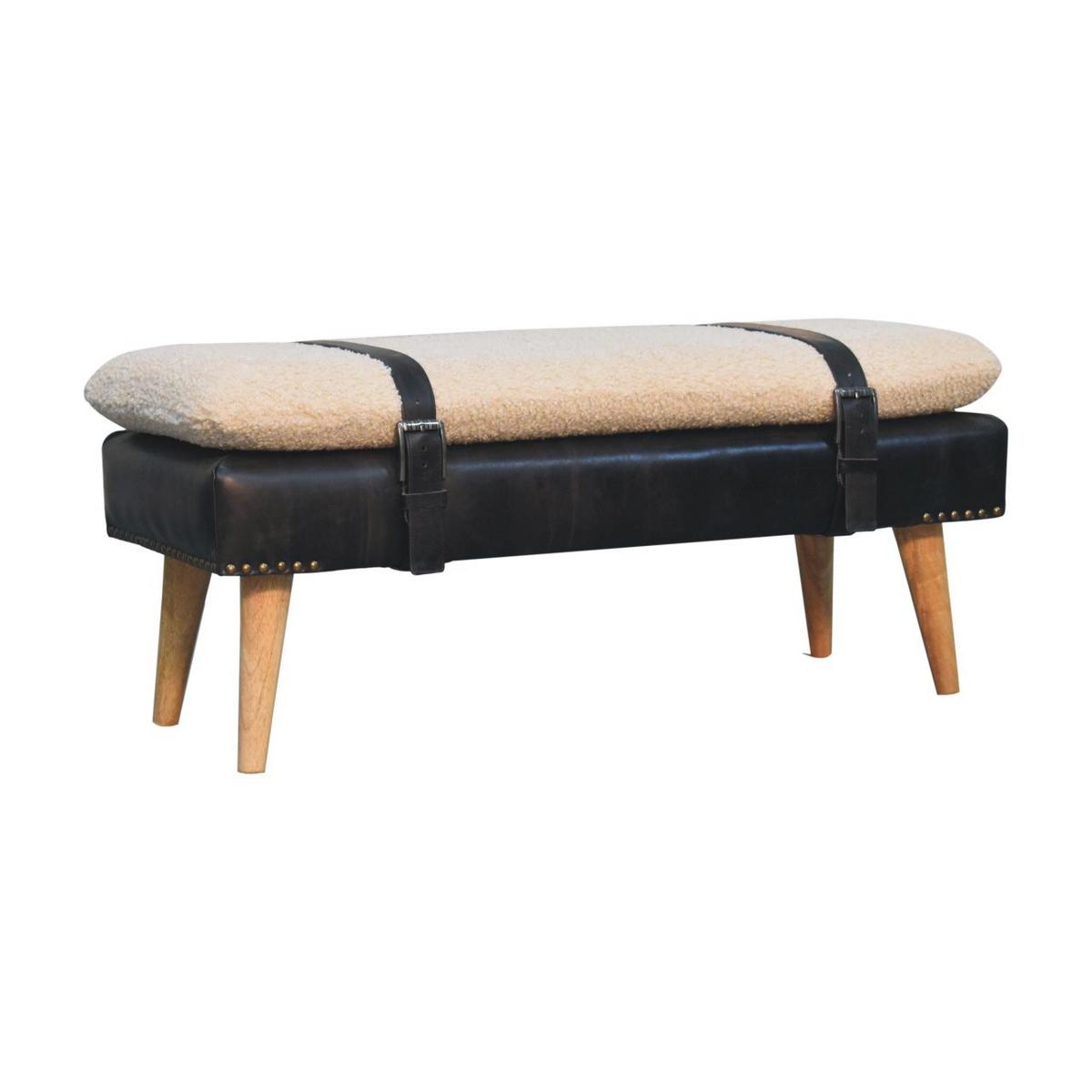 BANK Bouclé Büffelleder Schwarz, Gürtelriemen-Design, Braun - Braun, Holz (90/40/35cm) - Artisan Furniture