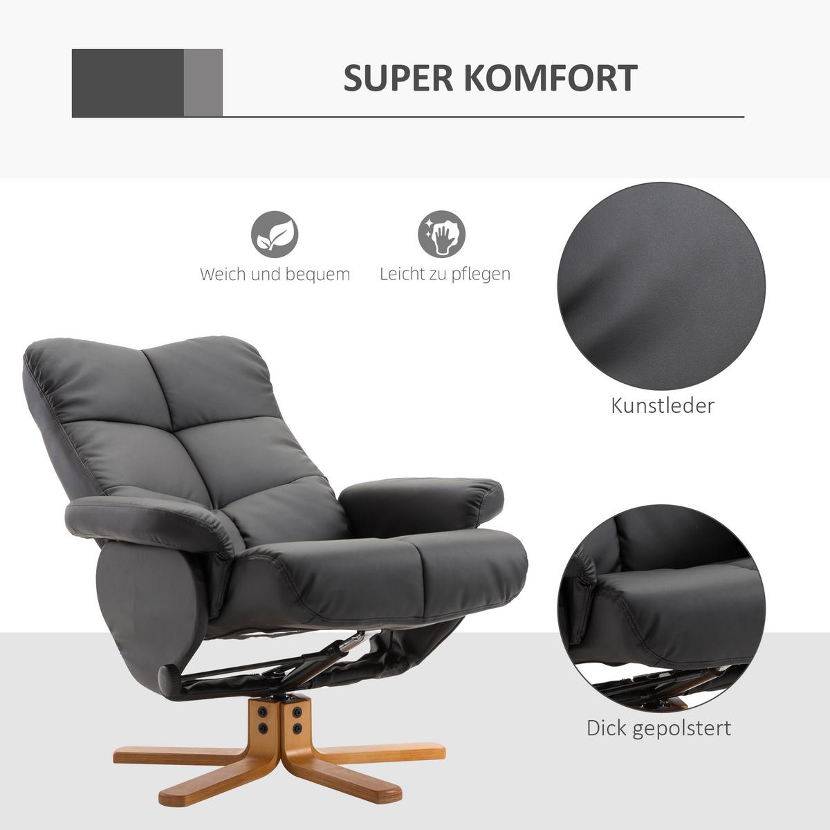 RELAXSESSEL mit Hocker Fernsehsessel 360° drehbar Liegefunktion Holz Schwarz - Schwarz, Holz/Kunststoff (86/99/80cm) - HOMCOM