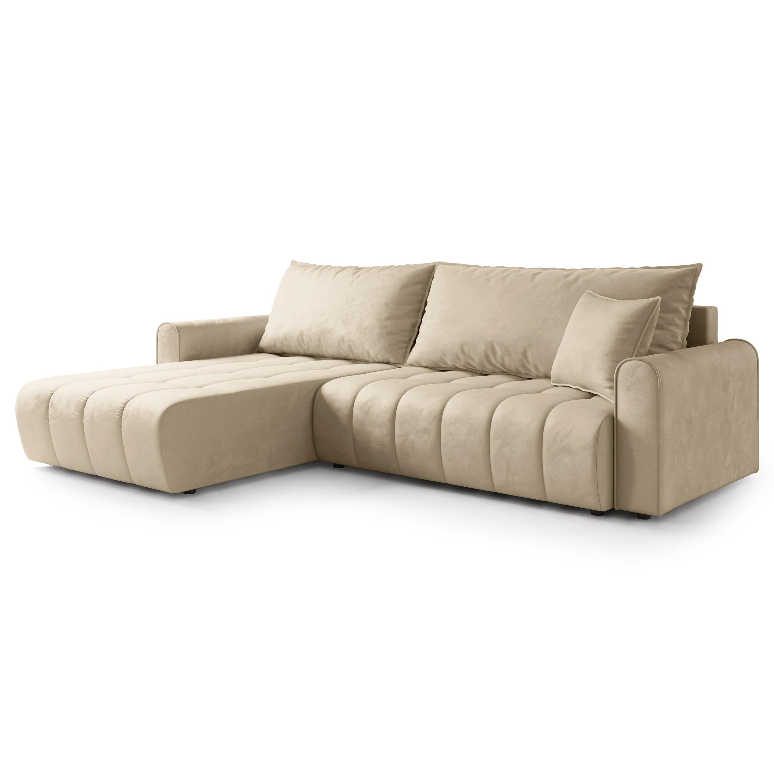 ECKSOFA FRIGA Creme Velours-Stoff mit Schlaffunktion - Creme, Holz (283/185cm) - MASSENO