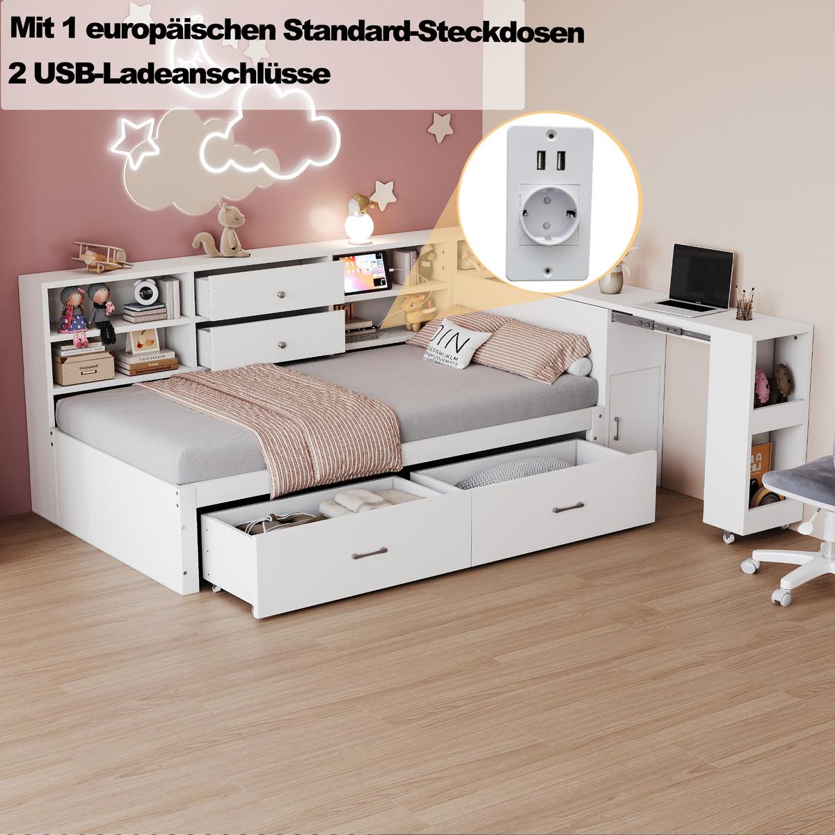 SCHLAFSOFA Multifunktionsbett 90x200 mit ausziehbarem Schreibtisch - Weiß, Holzwerkstoff (90/200cm) - Urban Meuble
