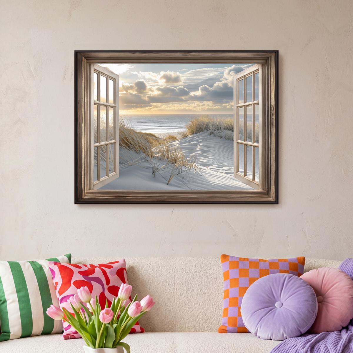 LEINWAND Bilder mit Rahmen - Ausblick - Strand - Dünen - Meer - Natur - 70x50 - Sandfarben, Textil (70/50cm) - MuchoWow